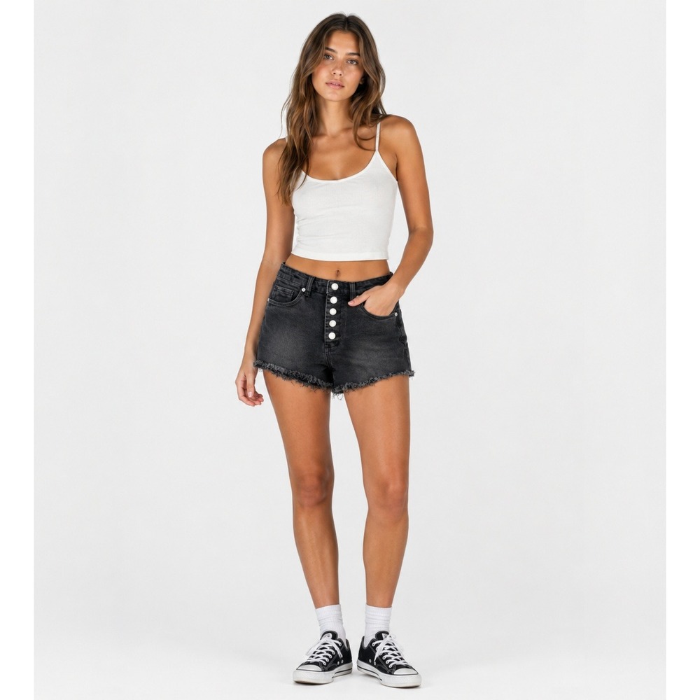 BLANKNYC The Barrow Vintage High Rise Black Denim Shorts‎ Button Fly 27